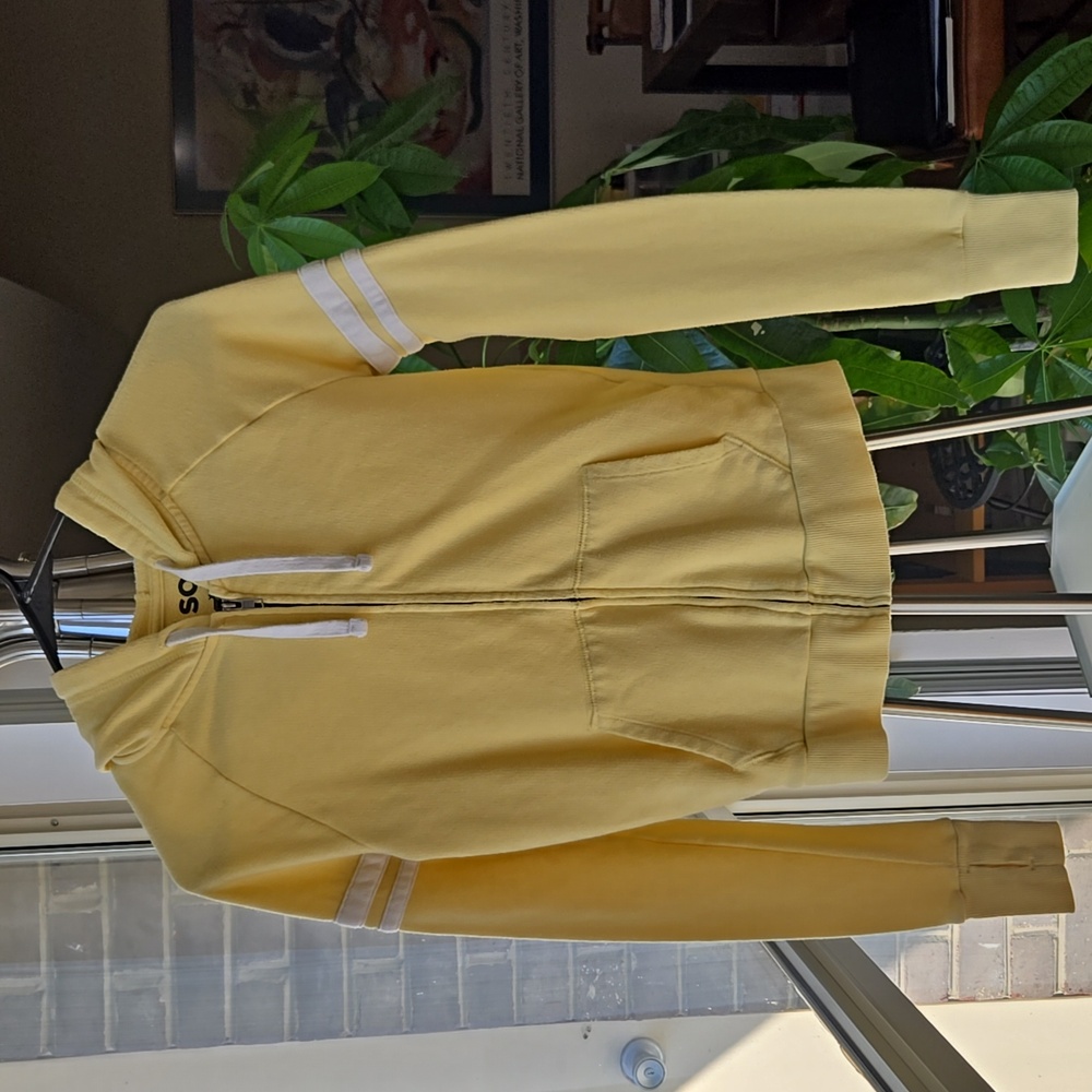 Yellow Zip Hoodie Varsity Stripe Cotton Jacket XS Thumbholes Junior Casual